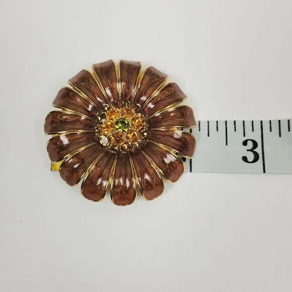 Vintage Brooch Pin Brown Enamel Topaz Yellow Green Rhinestone Floral‎ Large Big - Picture 6 of 8